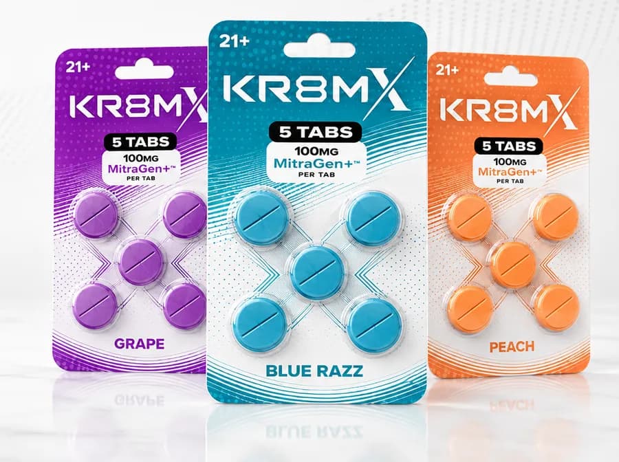 KR8MX Tablets in blister packs: Grape, Blue Razz, and Peach, 5 tablets with 100 mg MitraGen+ per tablet
